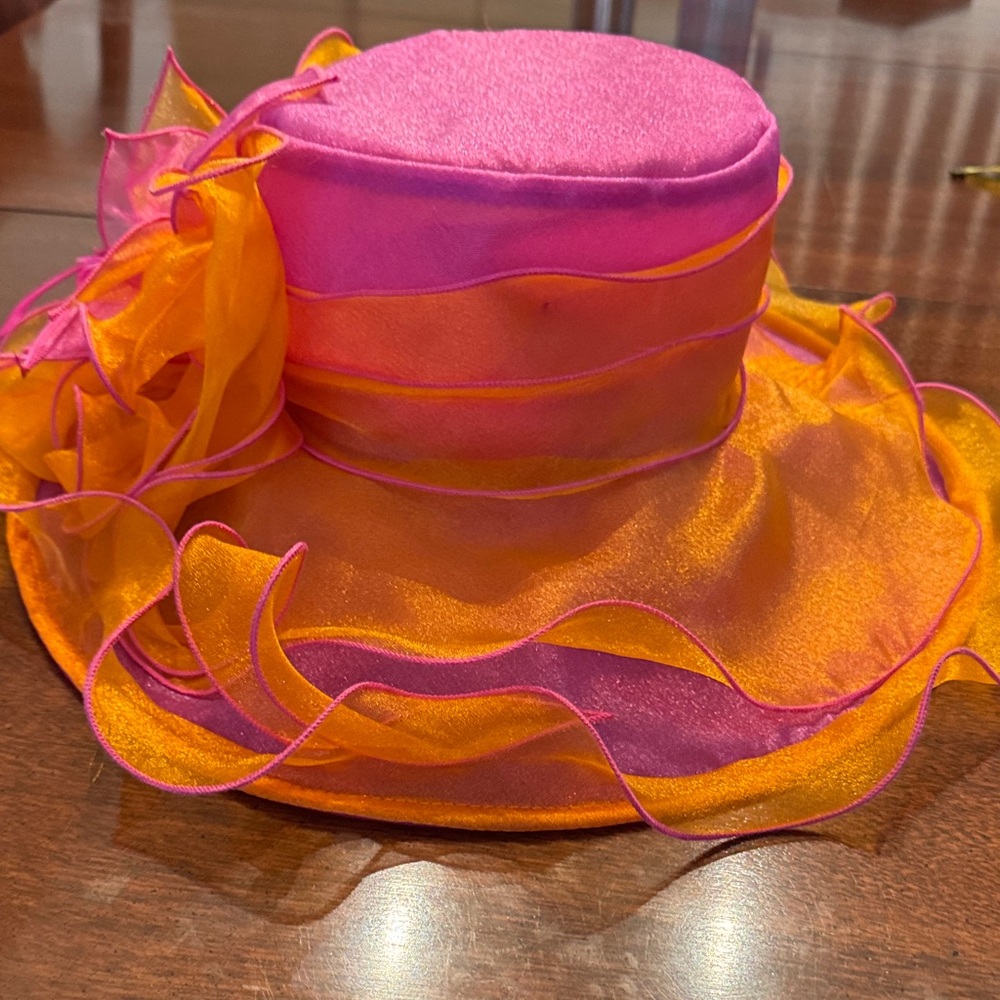 Elegant Pink and Orange Organza Wide-Brim Ladies Hat - Picture 4 of 7